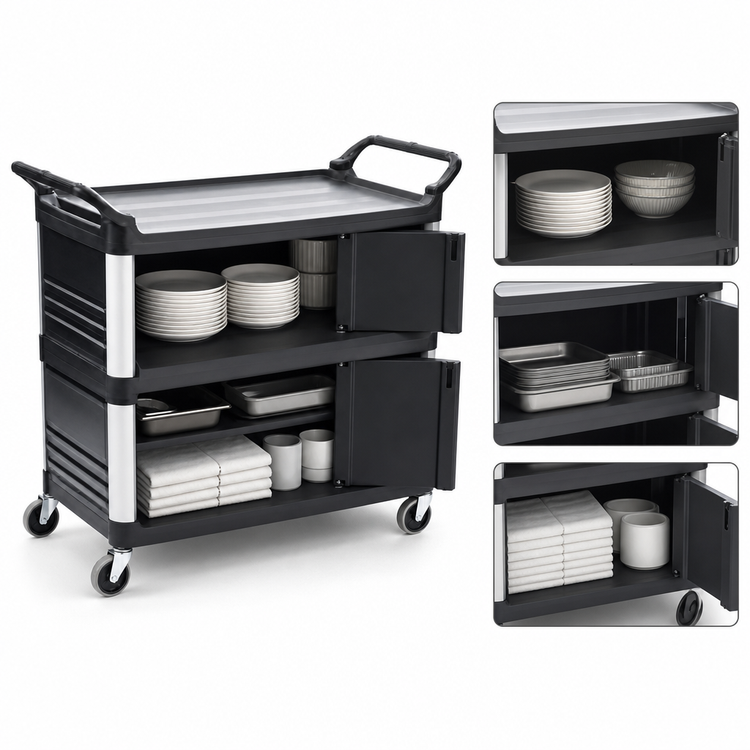 Product image #3 for Xtra 3-Shelf Enclosed Plastic Bus Cart, Black, 300 lb Capacity