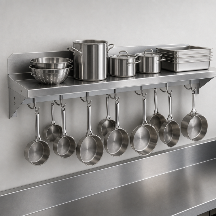 Product image #3 for John Boos Stallion Wall-Mounted Pot Rack Shelf, 120 x 18 x 13 In., Stainless Steel, 10 Hooks