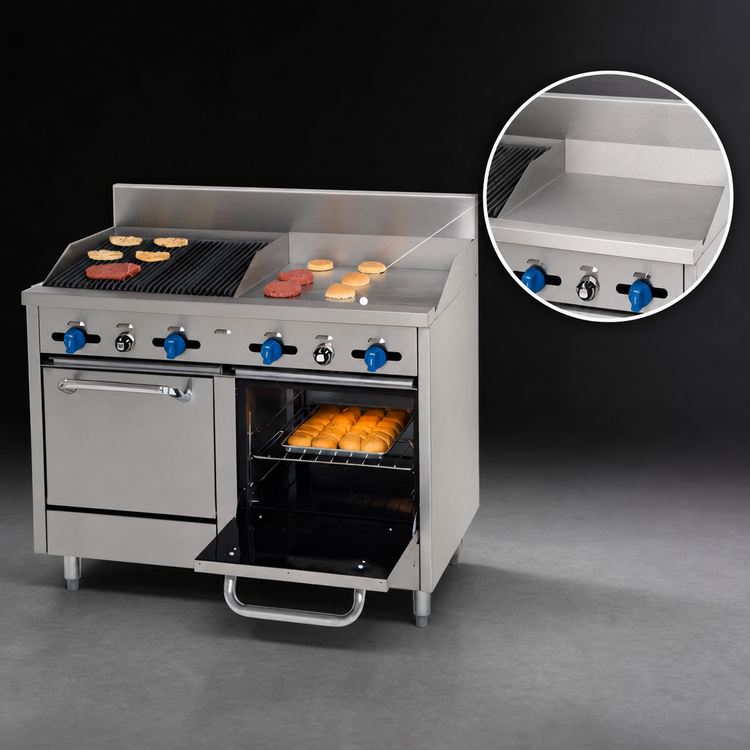 Product image #3 for Comstock-Castle 48-Inch Commercial Gas Char-Broiler Range with 24-Inch Griddle, 24-Inch Char-Broiler, and 2 Space-Saver Ovens