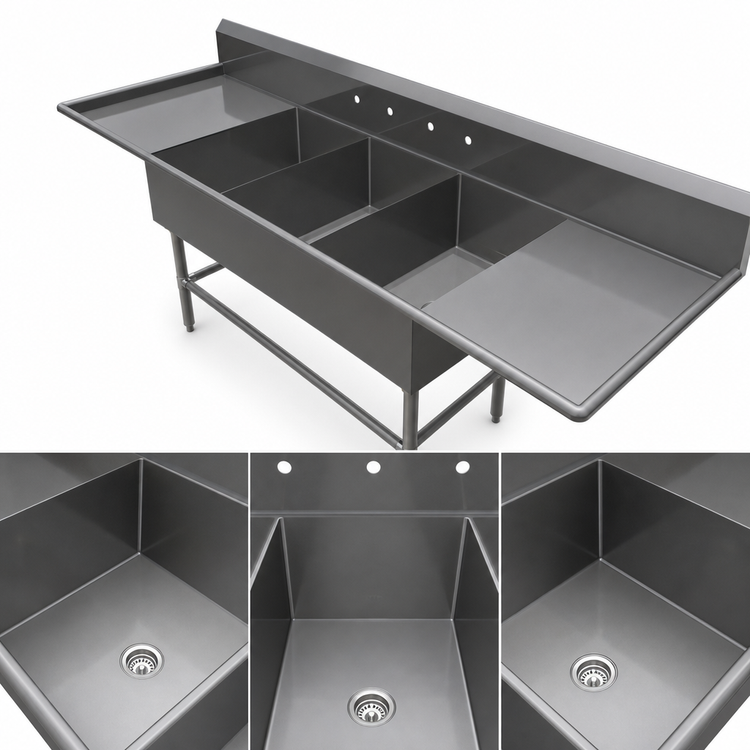 Product image #3 for John Boos Pro-Bowl 3-Compartment Stainless Steel Sink with Left and Right Drainboards, 14" Deep Bowls