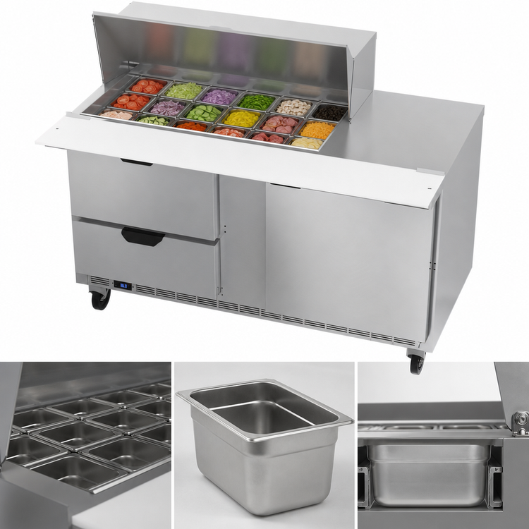 Product image #4 for Beverage Air 60-Inch Two-Section Mega Top Sandwich Prep Table with 18-Pan Top, Drawers, and Door
