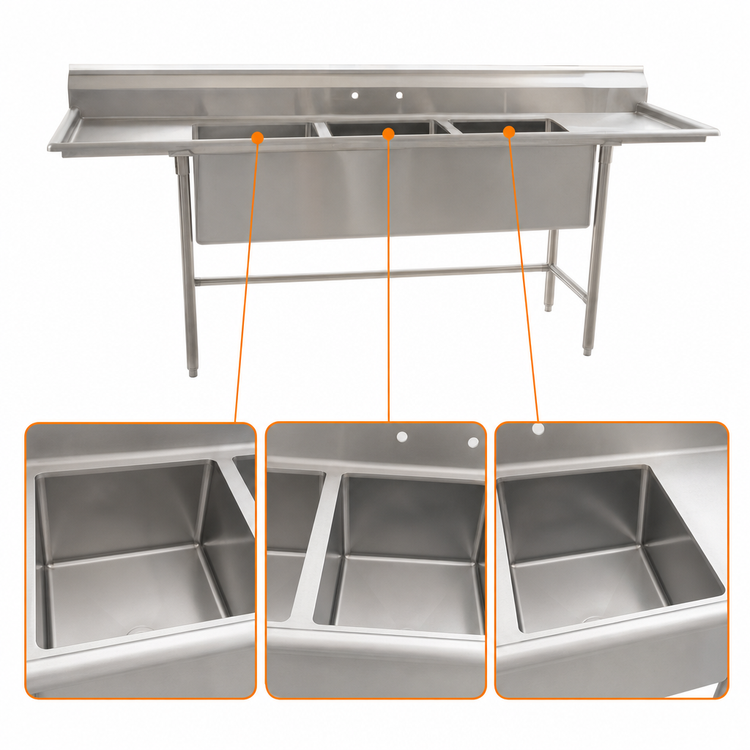 Product image #3 for Eagle Group S14 Series 115-Inch Three-Compartment Stainless Steel Sink with Left and Right Drainboards