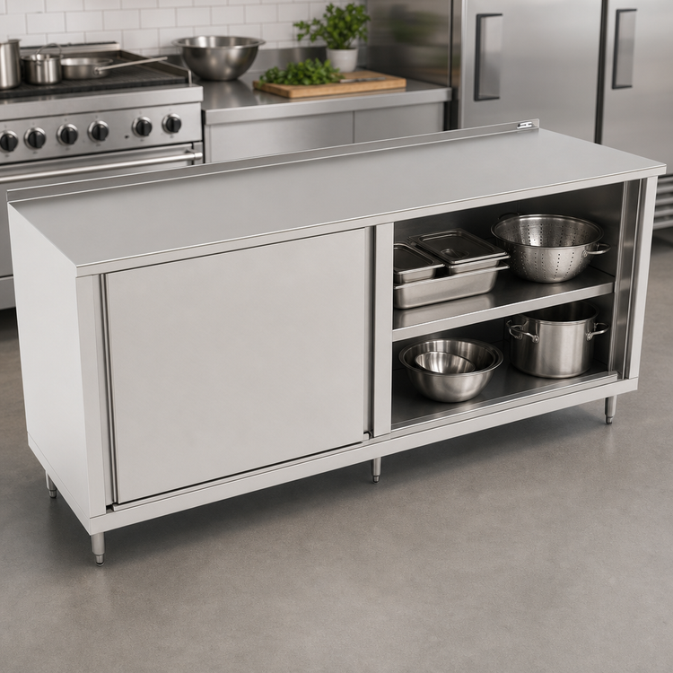 Product image #3 for John Boos Cabinet Base Enclosed Work Table with Sliding Doors, 108 x 24 Inches, 16/300 Stainless Steel Top