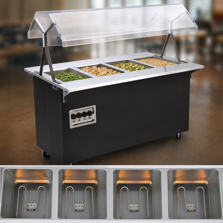 Product image #3 for Vollrath 2-Series Affordable Portable 4-Well Mobile Open-Well Hot Food Station with Buffet Breath Guard and Open Storage Base, Black, 60 Inch