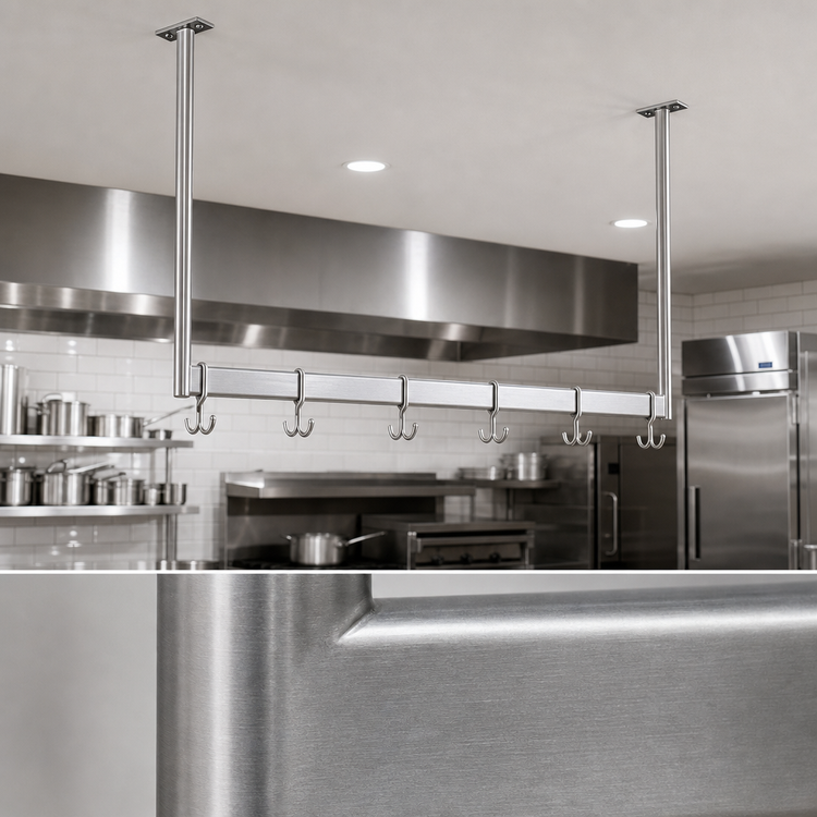 Product image #3 for John Boos Ceiling-Mounted Single-Bar Stainless Steel Pot Rack with 5 Double Hooks, 55-1/4-Inch Overall Width