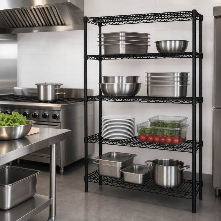 Product image #3 for Quantum Wire Shelving Starter Kit, 24-Inch Wide x 14-Inch Deep x 86-Inch High, 4-Shelf, Black Epoxy Antimicrobial Finish