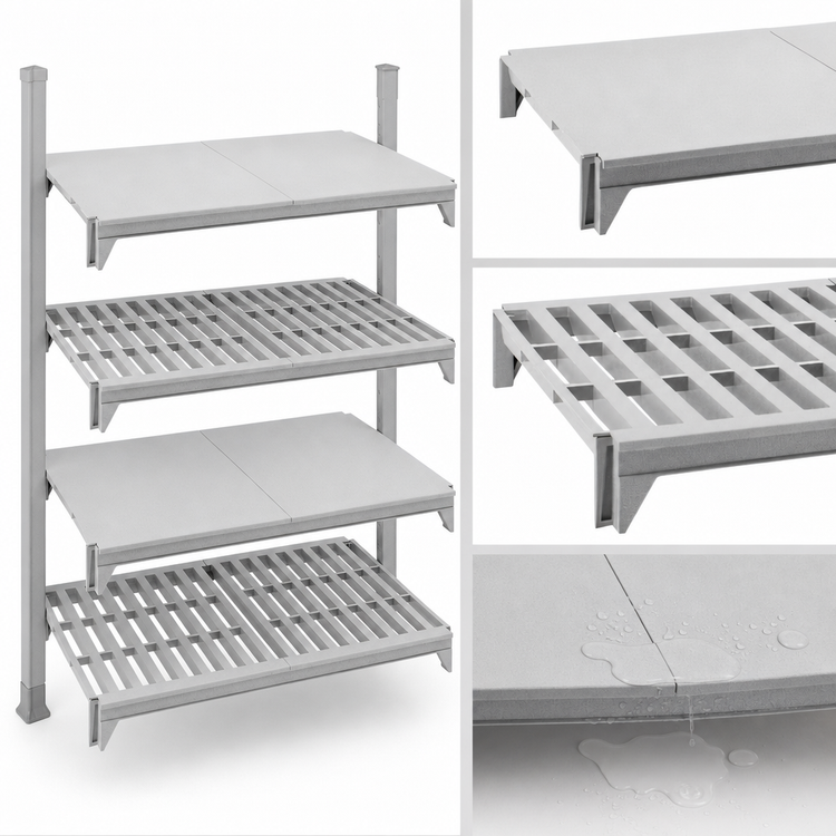 Product image #4 for Cambro Camshelving Premium 18" x 48" Polymer Shelf Kit, Vented and Solid, 4 Shelves, Speckled Gray