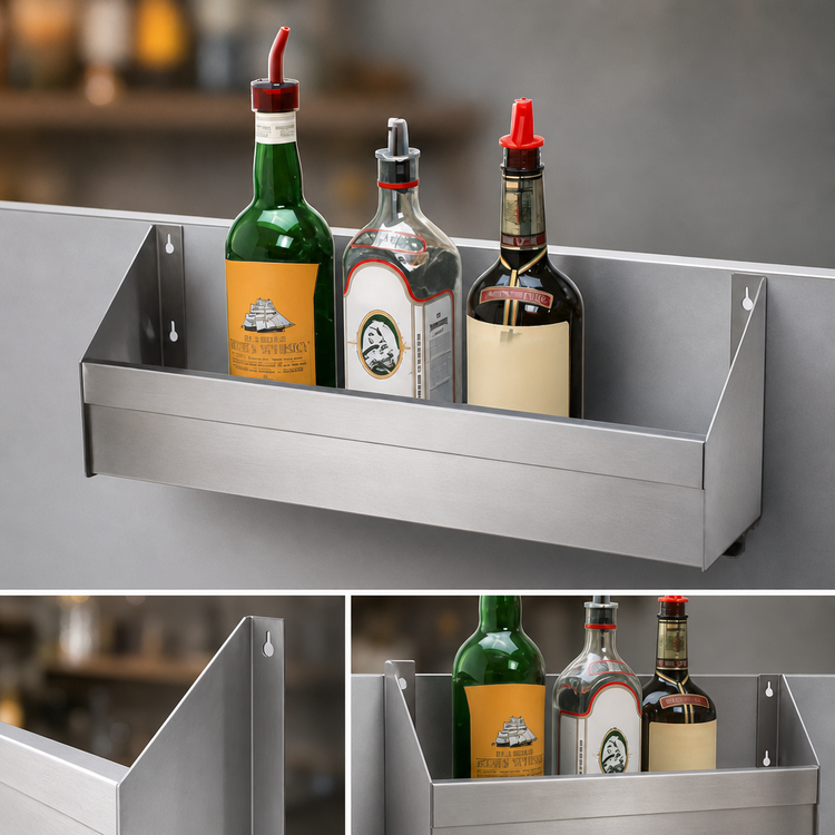 Product image #3 for Advance Tabco Special Value Single-Tier Speed Rail, 24 Inch, 5-6 Bottle Capacity, Stainless Steel, Keyhole Mounted