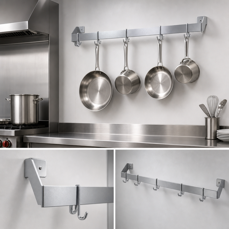 Product image #3 for John Boos 48-Inch Wall-Mount Single-Bar Stainless Steel Pot Rack with 4 Double Hooks