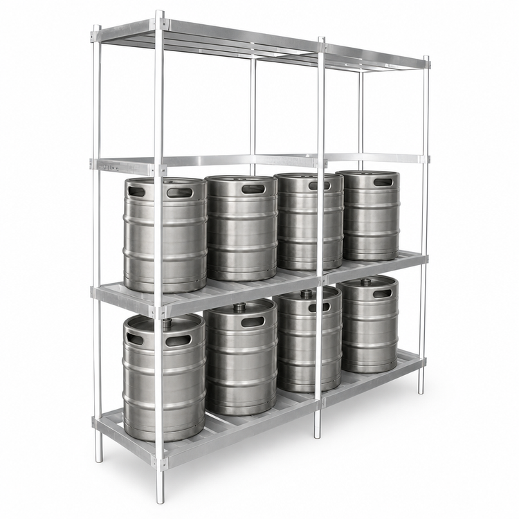 Product image #3 for John Boos 80-Inch Wide Aluminum 3-Shelf Keg Rack, 8-Keg Capacity