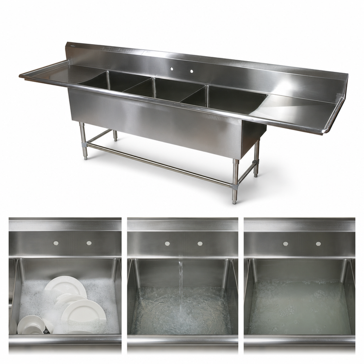 Product image #3 for John Boos Pro-Bowl Floor Model 3-Compartment Sink with Dual 30-Inch Drainboards, 16-Gauge Stainless Steel