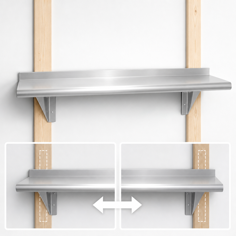Product image #3 for Advance Tabco 132-Inch x 12-Inch Wall-Mounted 430 Stainless Steel Shelf, 18 Gauge, Satin Finish, Bullnose Edge