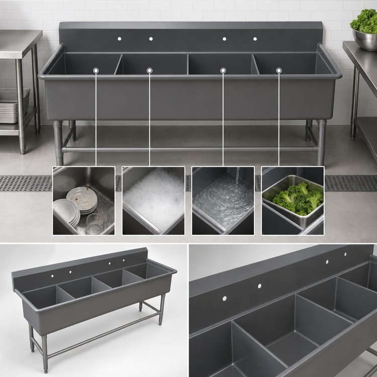 Product image #3 for John Boos Pro-Bowl 4-Compartment Stainless Steel Sink, 24" x 24" x 14" Bowls, 101-1/8" Wide