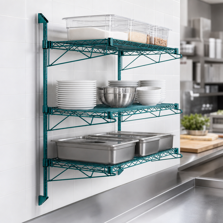 Product image #3 for Quantum Wall-Mounted Cantilever Wire Shelf Starter Unit with 54-Inch Posts, 24-Inch Cantilevers, and Green Epoxy Finish