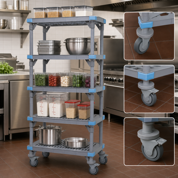 Product image #3 for Millenia Mobile Polymer Shelving Starter Unit with 5 Open Grid Shelves, 24"W x 18"D x 74"H, Gray