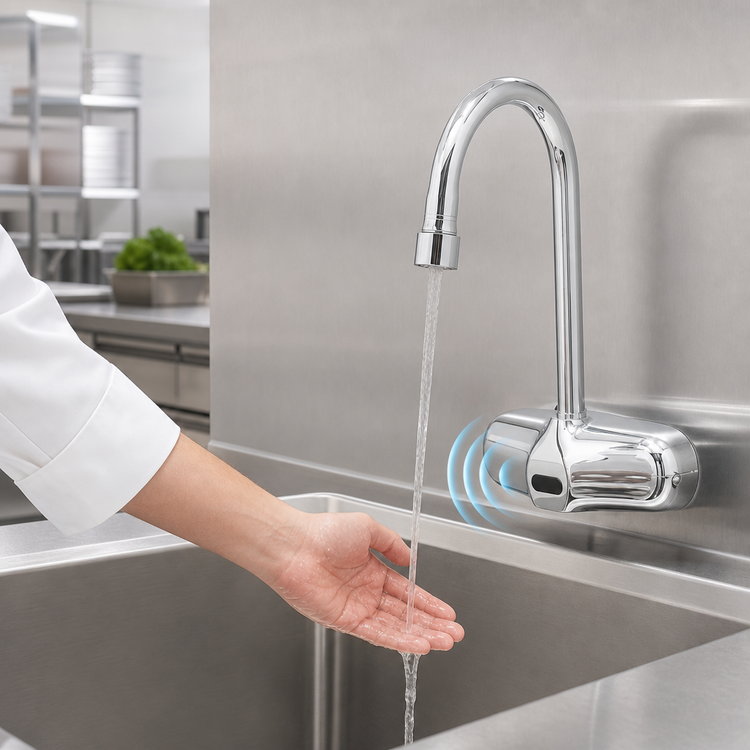 Product image #3 for ChekPoint Electronic Wall-Mount Touchless Faucet with 4-Inch Centers, Rigid Gooseneck Spout