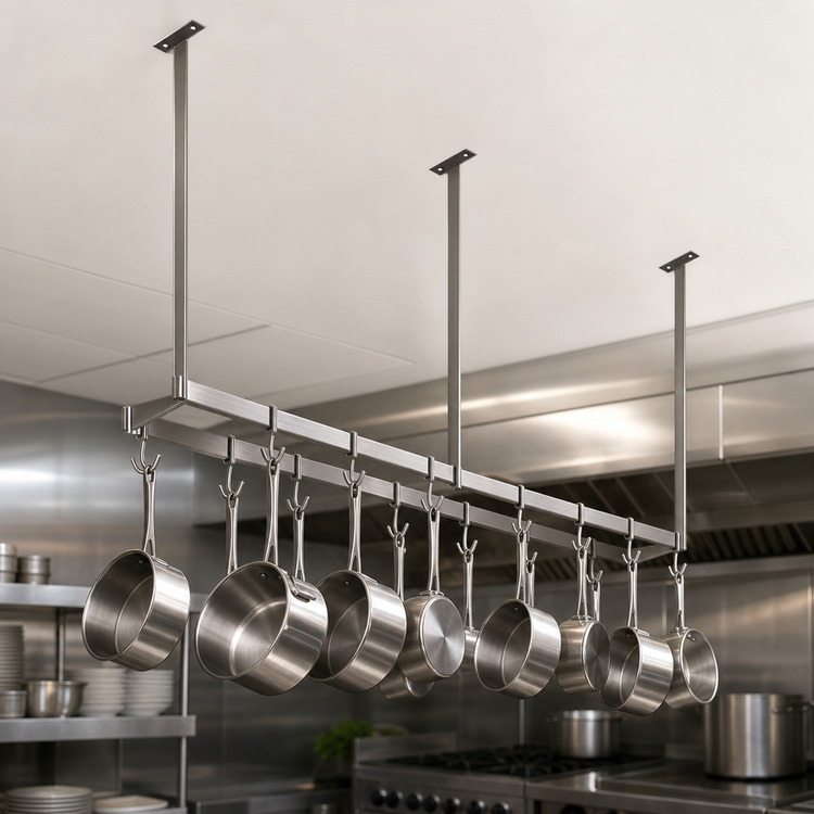Product image #3 for John Boos Ceiling-Mounted Single-Bar Stainless Steel Pot Rack with 10 Double Hooks, 115-1/4 Inch