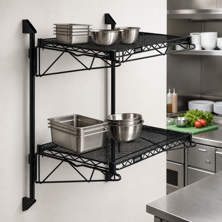 Product image #3 for Quantum Wall-Mount Cantilever Double Shelf Kit, 42 x 18 Inches, Black Epoxy Antimicrobial Finish