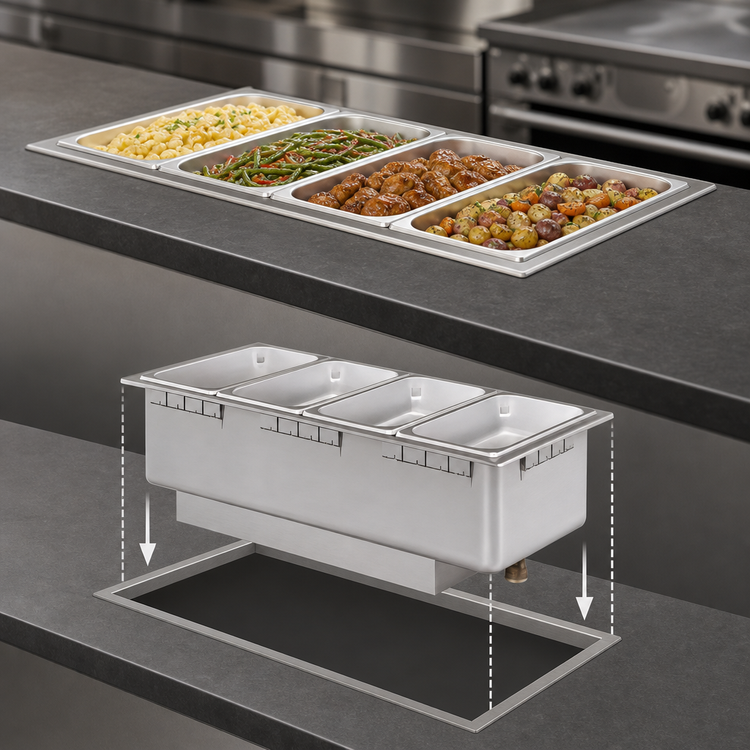 Product image #3 for Hatco HWBRT-43 Rectangular Drop-In Heated Well for Four Third-Size Pans, Thermostatic, Non-Insulated, Stainless Steel, 120V