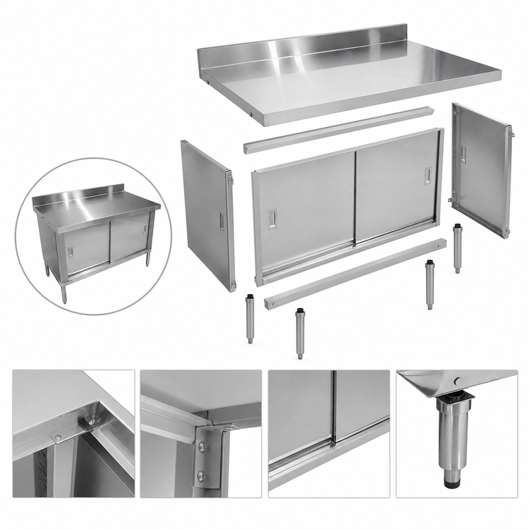 Product image #3 for 48-Inch Knock-Down Flush-Edge Enclosed Work Table with Cabinet Base, Sliding Doors, 430 Stainless Steel Top, and 4-Inch Backsplash