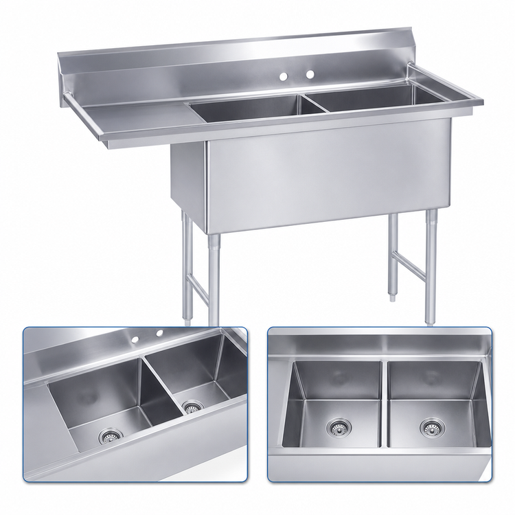 Product image #3 for Advance Tabco 2-Compartment Floor Model Fabricated Sink with 24-Inch Left Drainboard, 20 x 30 x 14-Inch Bowls, 304 Stainless Steel