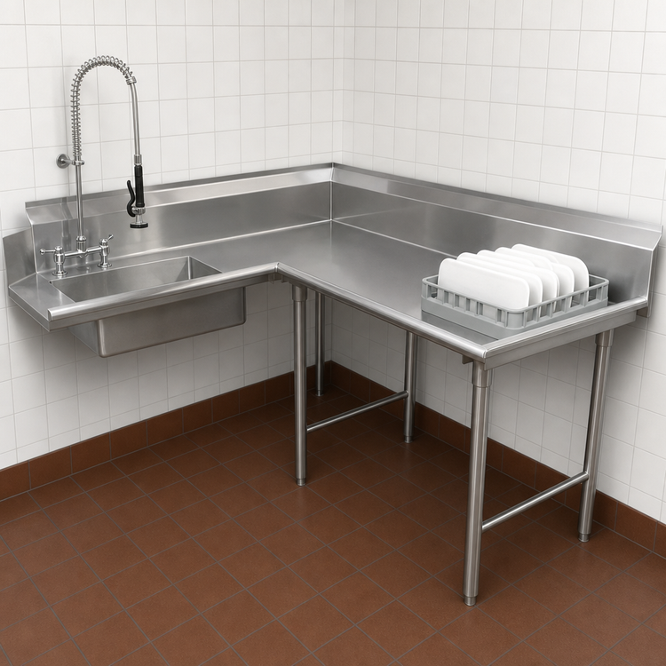Product image #3 for Corner Soiled Dishtable with 20 x 20 x 5 Pre-Rinse Sink, 30-Inch Working Depth, 304 Stainless Steel