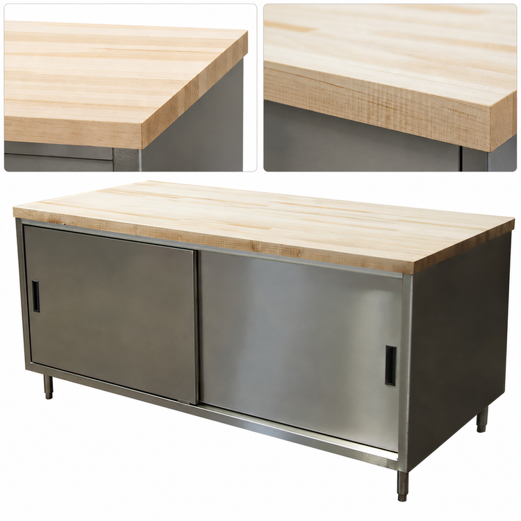 Product image #3 for BK Resources 72-Inch x 30-Inch Hard Maple Wood Top Chef Table with Cabinet Base and Sliding Doors