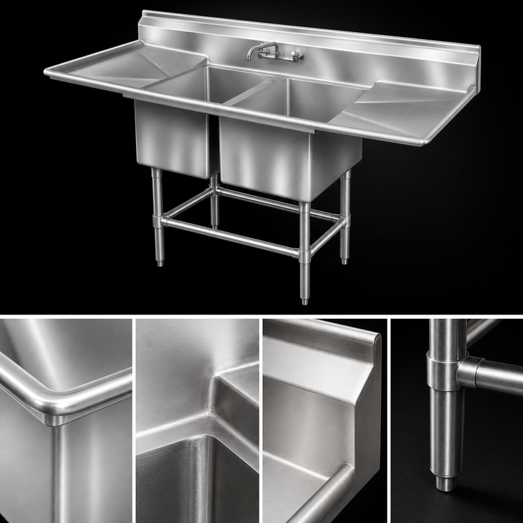 Product image #3 for Spec-Master FN Series Two-Compartment Floor Sink — 55 Inches W x 31 Inches D, 14-Gauge 300-Series Stainless Steel Top, Two 24 Inches x 24 Inches x 14 Inches Bowls, NSF