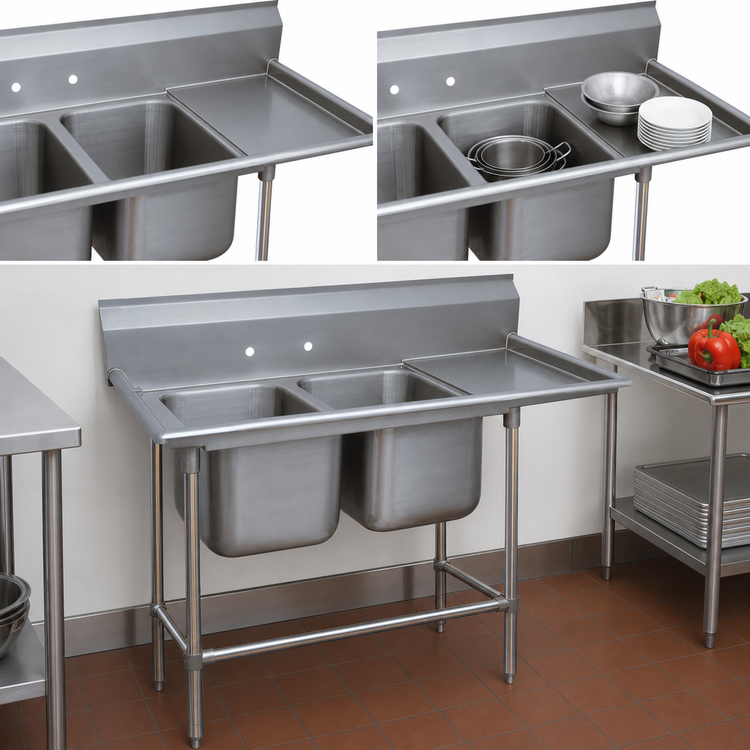 Product image #3 for Advance Tabco Regaline 2-Compartment Sink with Right-Hand 24-Inch Drainboard, 20 x 20 Inch Bowls, 14-Gauge 304 Stainless Steel