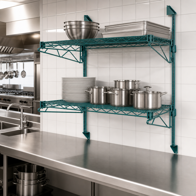 Product image #3 for Quantum Cantilever Double-Shelf Wall-Mount Wire Shelving Unit, 54 x 14 Inches, Green Epoxy Antimicrobial Finish