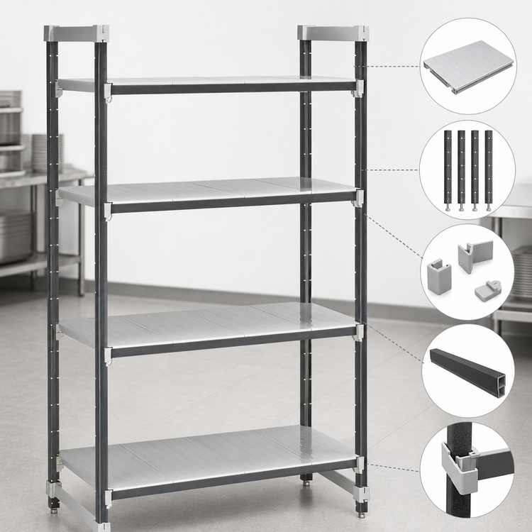 Product image #3 for Cambro Camshelving Elements XTRA 4-Tier Solid Stationary Starter Polymer Shelving Unit, 18 x 36 x 64 Inches, Speckled Gray