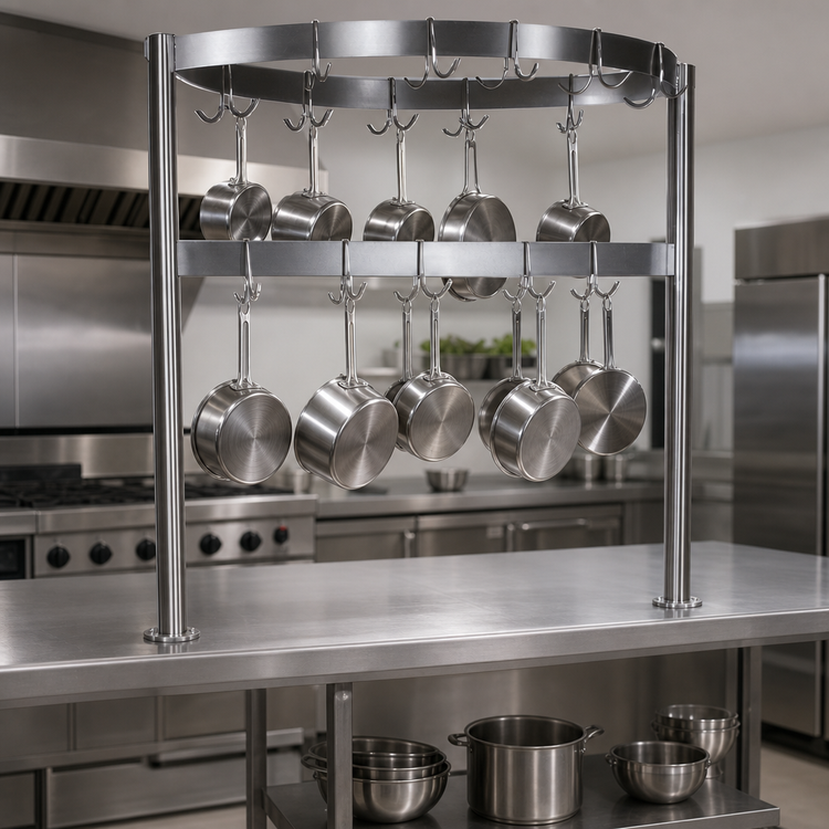 Product image #3 for John Boos PRB05 Boat-Shaped Table-Mounted Stainless Steel Pot Rack, 115-1/4 Inch x 18-1/8 Inch, 30 Double Hooks