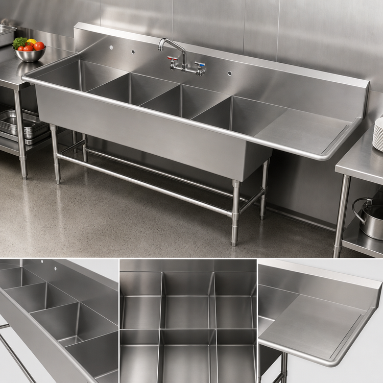 Product image #3 for John Boos Pro-Bowl 4-Compartment Sink with 18-Inch Right Drainboard, 20 x 20 x 12-Inch Bowls, 14-Gauge Stainless Steel