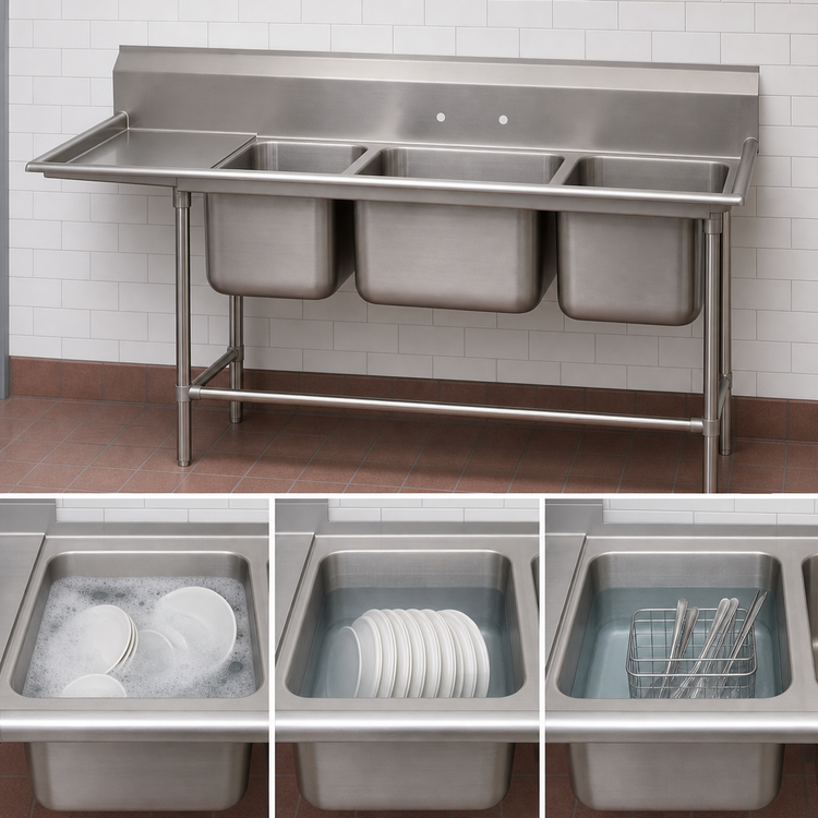 Product image #3 for Advance Tabco Regaline 3-Compartment Sink with Left-Hand Drainboard, 20 x 20 Inch Bowls