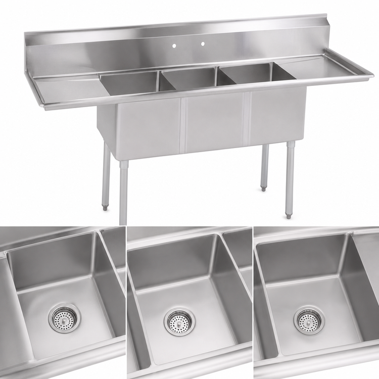 Product image #3 for John Boos E-Series 3-Compartment Stainless Steel Sink with Left and Right Drainboards, 102 Inches Wide