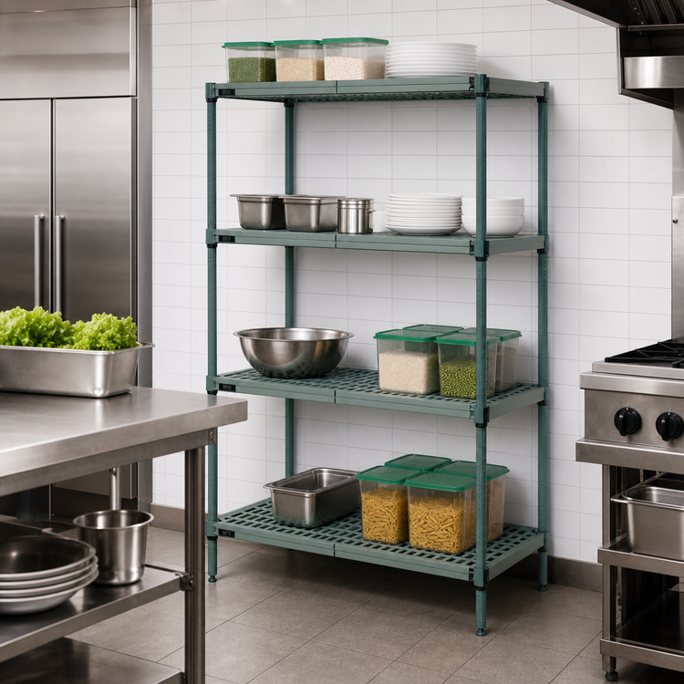 Product image #3 for Quantum 4-Tier Stationary Wire Plastic Mat Shelving Unit, 36 x 14 x 63 Inches, Green Epoxy Coated
