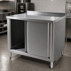 Thumbnail image #3 for Klinger's Trading BCB2472 72" x 24" Stainless Steel Enclosed Work Table with Sliding Doors and 2" Rear Upturn