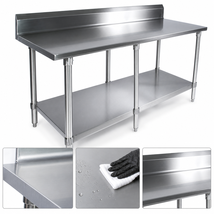 Product image #3 for BK Resources Stainless Steel Riser Work Table, 84"W x 30"D, 5" Backsplash, Adjustable Undershelf