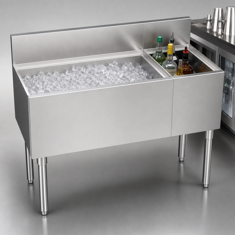 Product image #3 for Krowne Royal Series 42 Inch Underbar Combination Ice Bin with Left Ice Bin and 12 Inch Insulated Bottle Storage, 92 lb. Capacity
