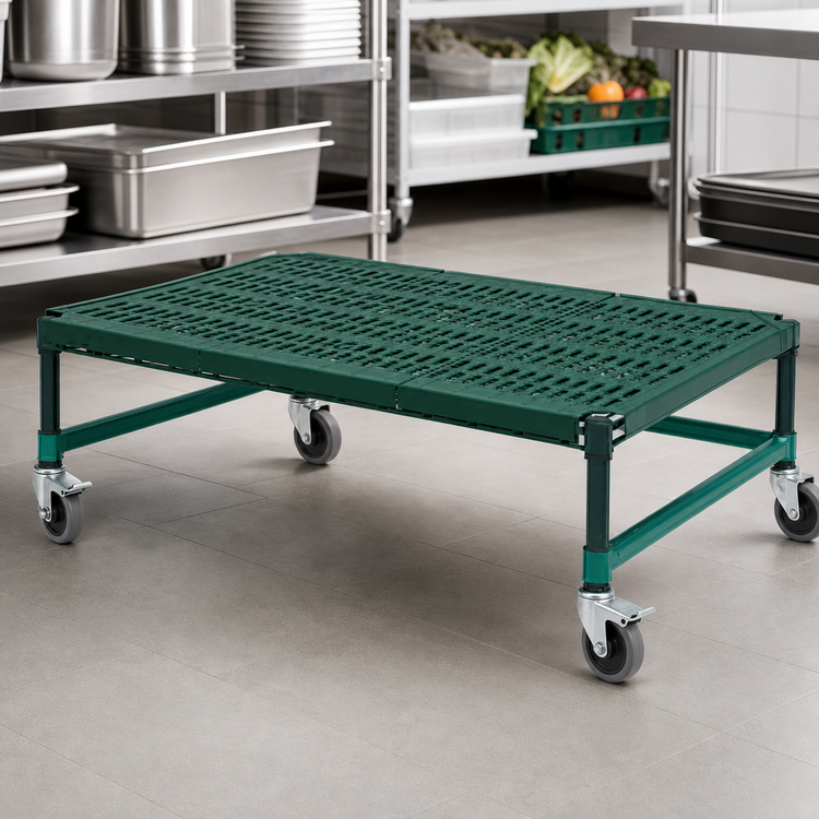 Product image #3 for QuadPlus Mobile Dunnage Rack with 3-Sided Frame and Louvered Polypropylene Mat, 48 x 24 x 14 Inches, 800 lb Capacity, Green Epoxy Finish