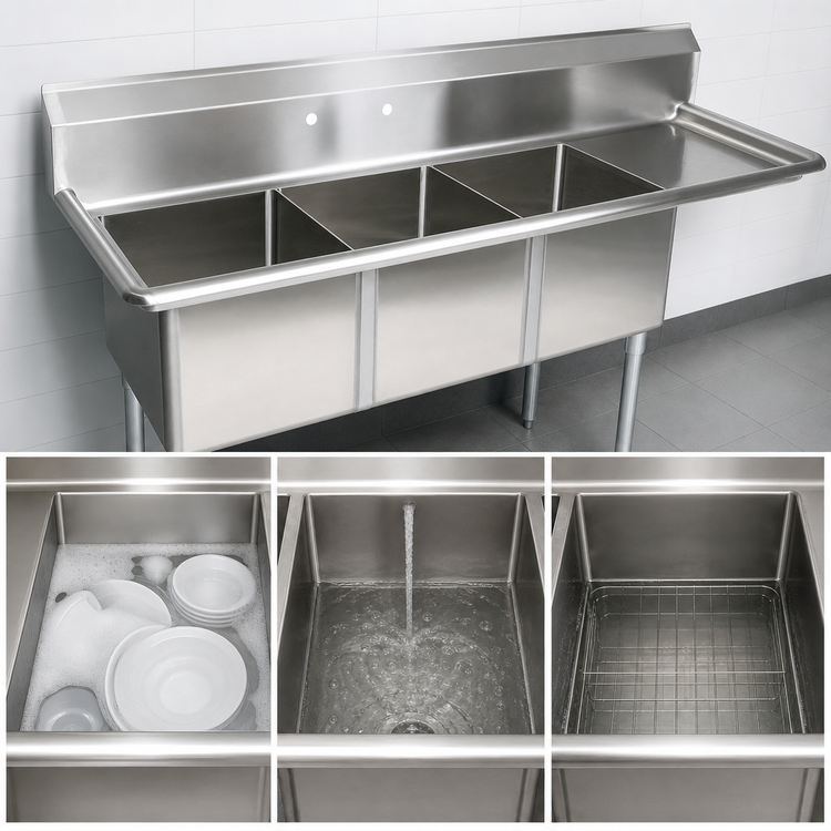 Product image #3 for John Boos E-Series 3-Compartment Stainless Steel Sink with Right Drainboard, 80-1/2 x 29-1/2 x 43-3/4 Inches