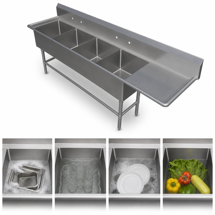 Product image #3 for John Boos Pro-Bowl 4-Compartment Sink with 18-Inch Right Drainboard, 20 x 20 x 12-Inch Bowls