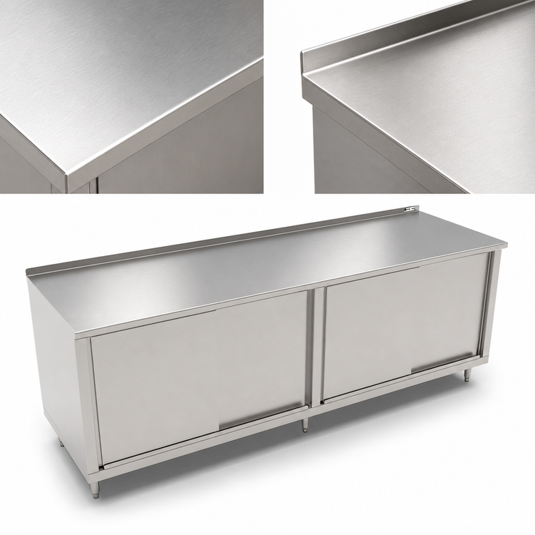 Product image #3 for John Boos 108"W x 36"D Stainless Steel Cabinet Base Work Table with Sliding Doors and 1-1/2" Rear Riser