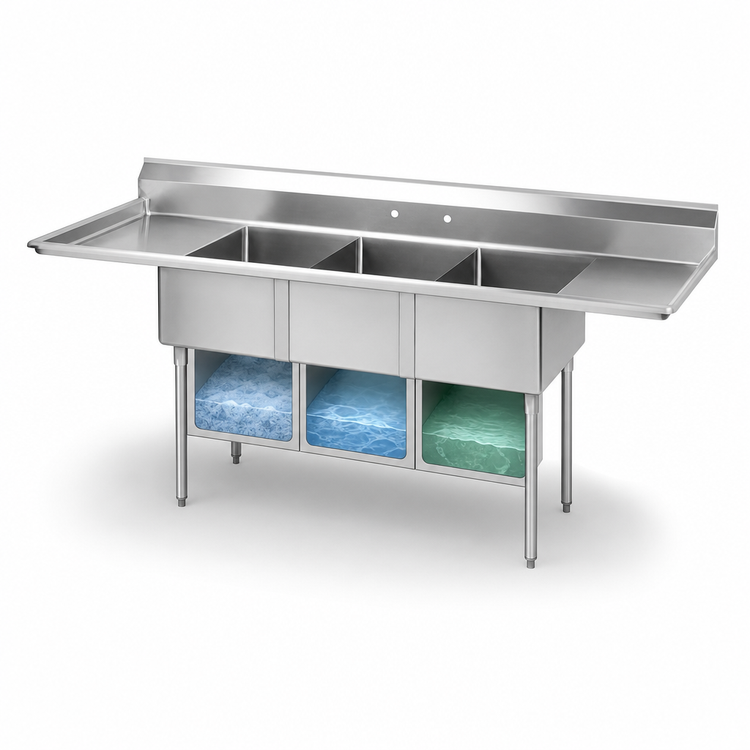 Product image #3 for Advance Tabco Special Value Series 3-Compartment Fabricated Sink with 24-Inch Left & Right Drainboards, 18 Gauge 304 Stainless Steel