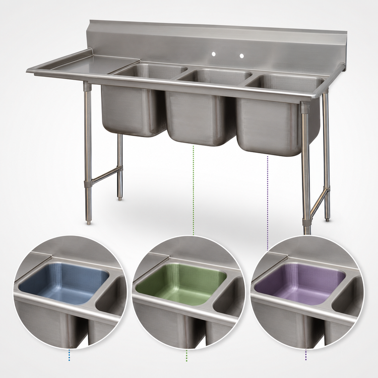 Product image #3 for Advance Tabco Special Value Regaline 3-Compartment Sink with Left-Hand Drainboard and Galvanized Open Frame Base