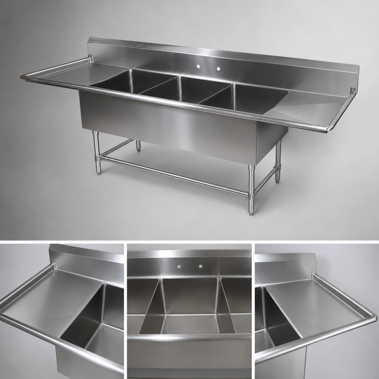 Product image #3 for John Boos Pro-Bowl 3-Compartment Sink with 2 Drainboards, 18" x 24" x 14" Bowls, 105-1/4" Wide