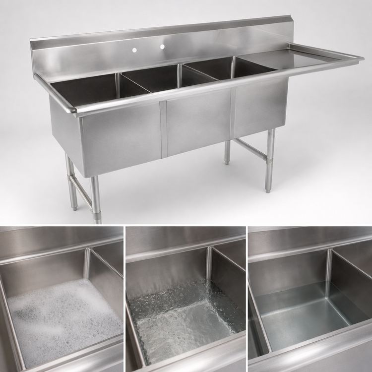 Product image #3 for John Boos B-Series 3-Compartment Sink with Right Drainboard, 70-3/16 Inch x 25-1/2 Inch, 16-Gauge Stainless Steel
