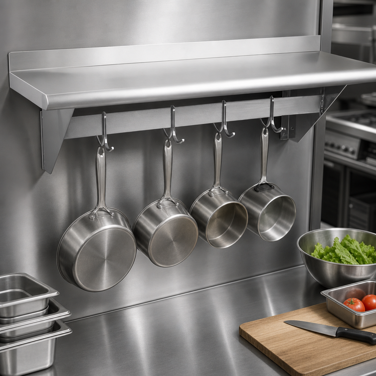Product image #3 for 72-Inch Wall Shelf with Pot Rack and 6 Hooks, Stainless Steel