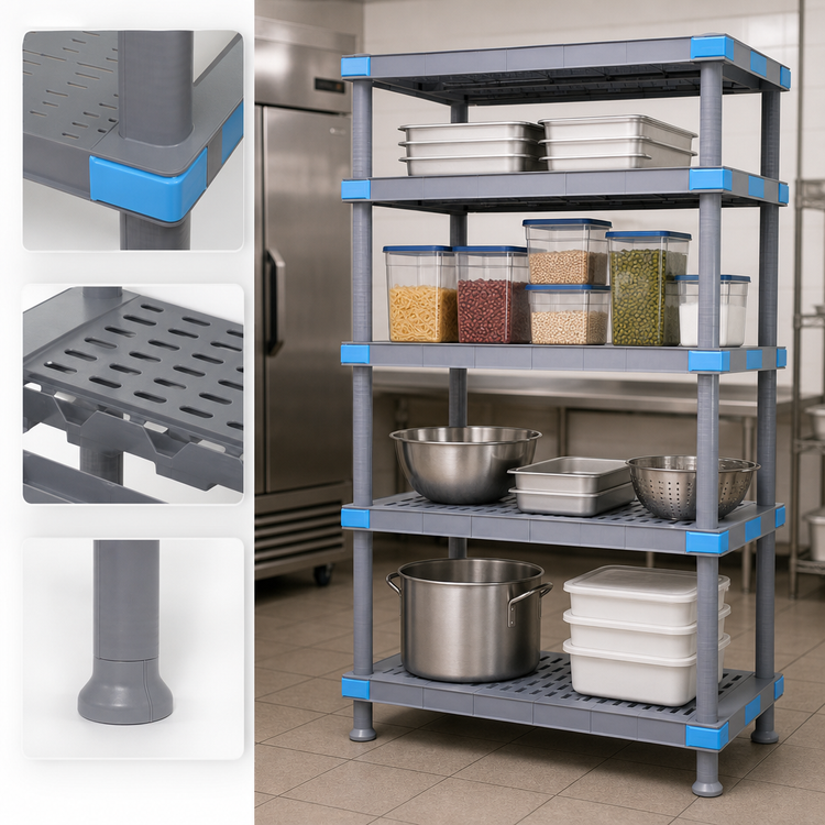 Product image #3 for Quantum Millenia 4-Shelf Polymer Shelving Unit with Dunnage Stand, 60 x 21 x 86 Inches, 2,000 lb Capacity