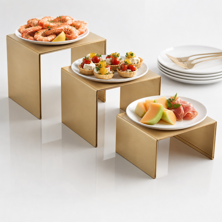 Product image #3 for American Metalcraft Satin Gold Square Stainless Steel Buffet Riser Set, 3-Piece